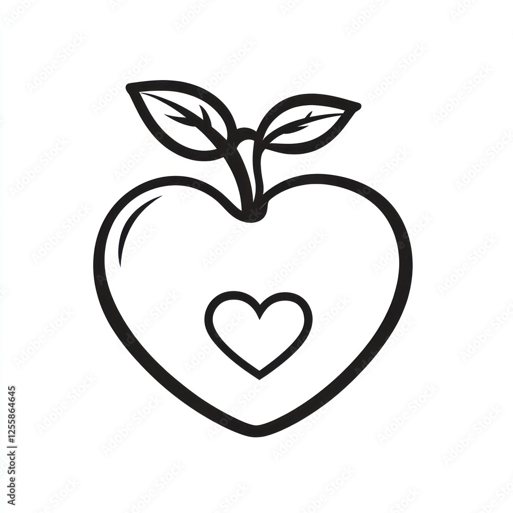 Fototapeta premium Heart-shaped apple illustration, coloring book design, drawing, children's book, educational resource, easy drawing