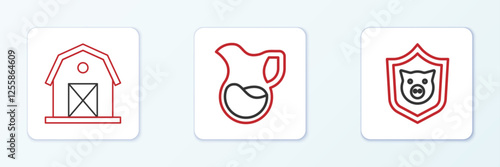 Set line Shield with pig, Farm house and Jug glass milk icon. Vector