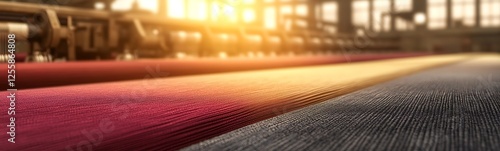 A vibrant textile factory scene featuring colorful fabric rolls illuminated by warm sunlight streaming through large windows.