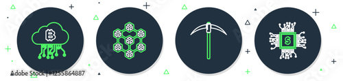 Set line Blockchain technology, Pickaxe, Cryptocurrency cloud mining and CPU farm icon. Vector