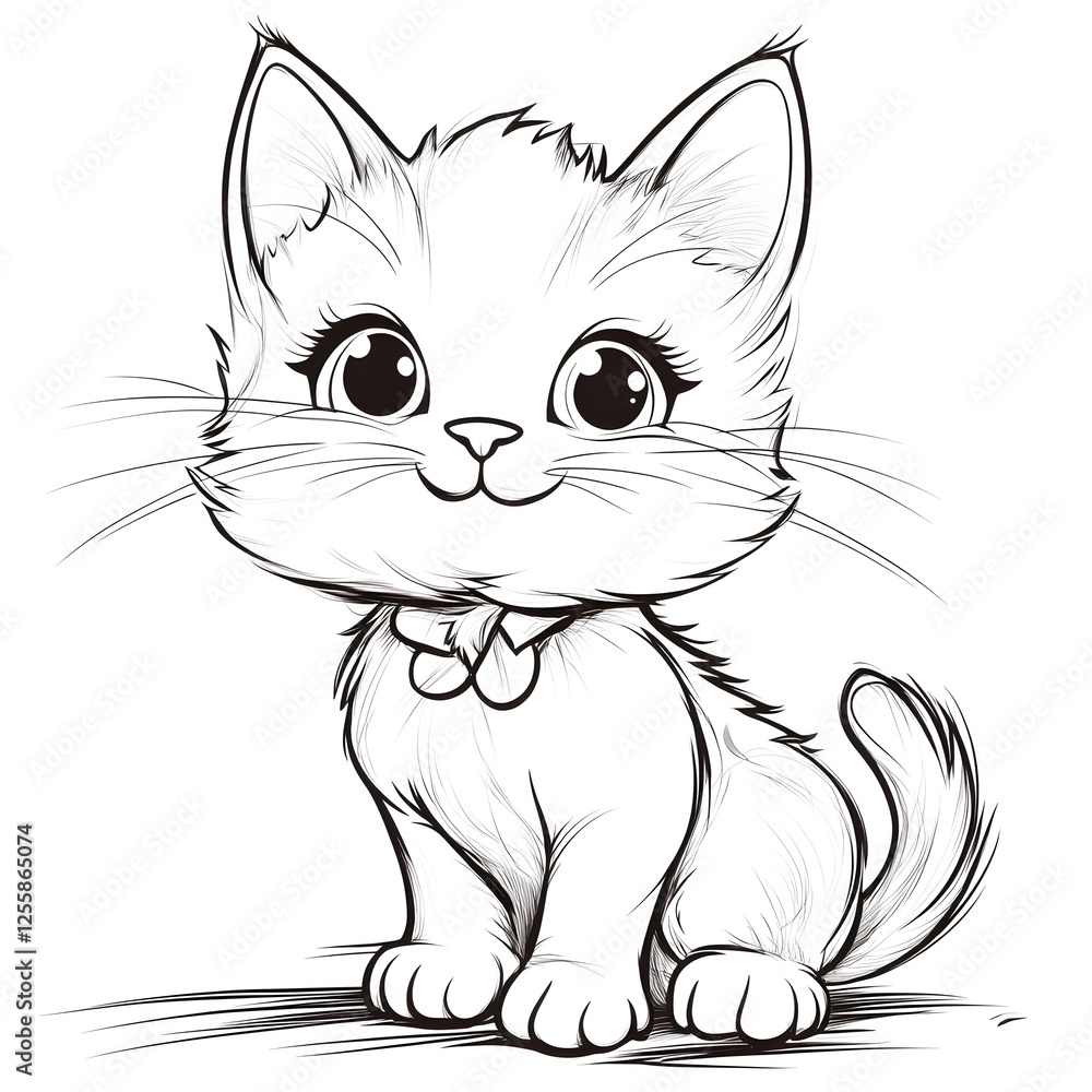 Obraz premium Cute Cartoon Kitten in Blank Outline for Kids Coloring Activity