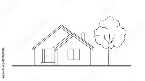 Simple Line Drawing Suburban House and Tree photo