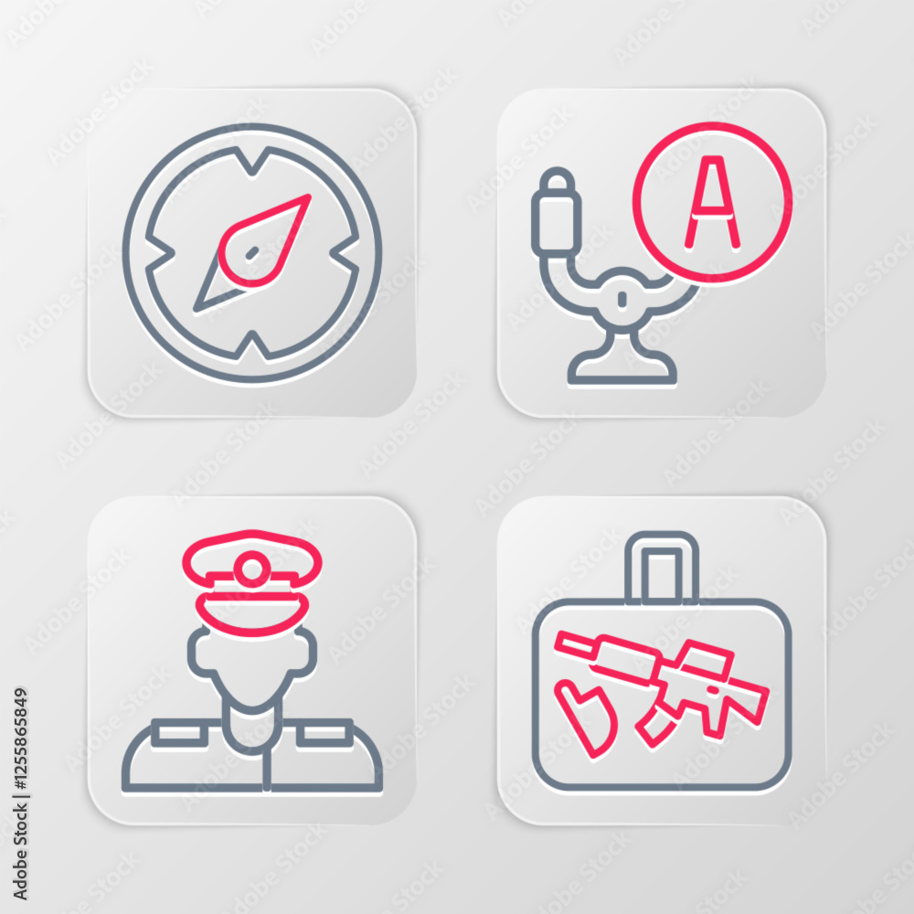 Set line Suitcase, Pilot, Aircraft steering helm and Compass icon. Vector Set line Suitcase, Pilot, Aircraft steering helm and Compass icon. Vector