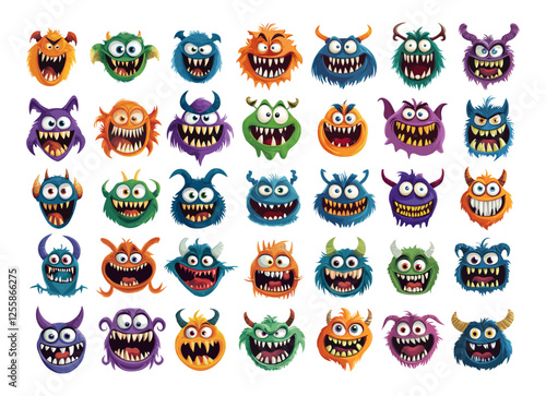 Monster faces cartoon vector set. Fangs horns big eyes tiny little beast, fiend angry demons horror nightmare funny ghoul creatures, isolated illustrations on white backdrop