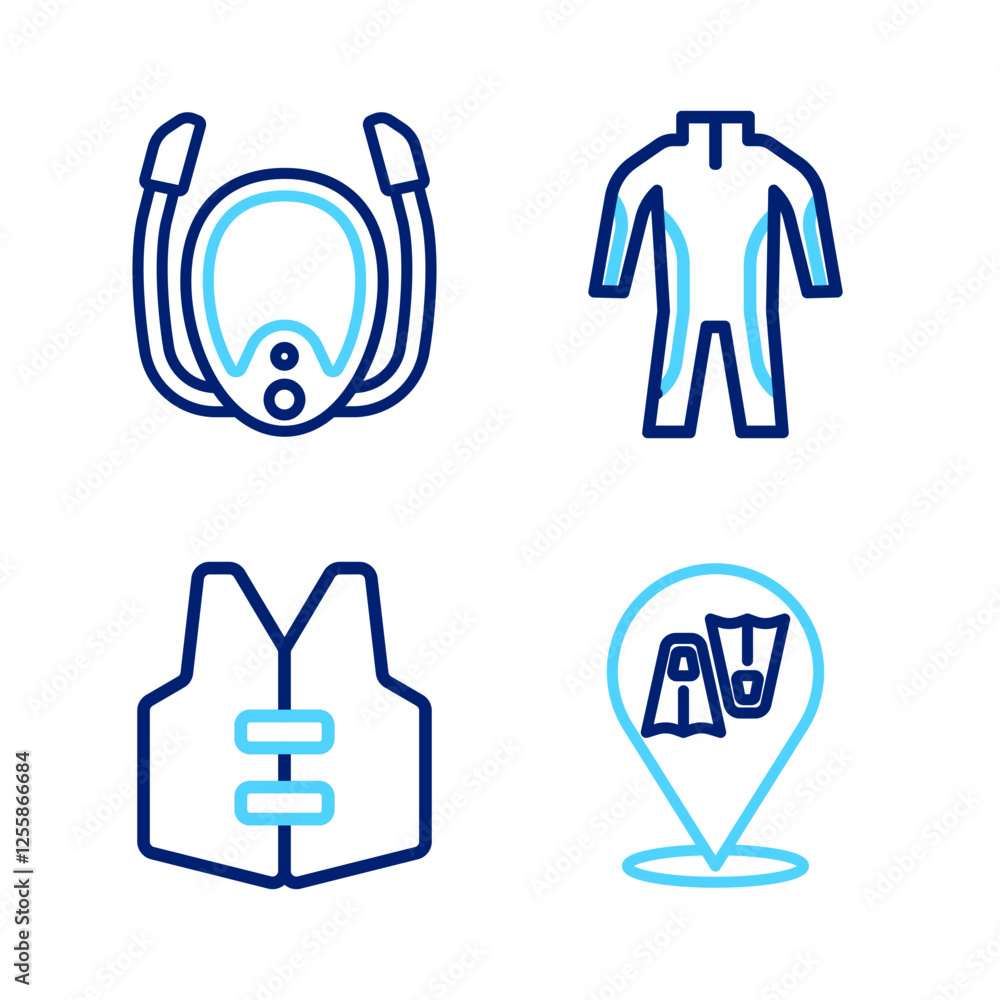 Set line Flippers for swimming, Life jacket, Wetsuit scuba diving and Diving mask with snorkel icon. Vector Set line Flippers for swimming, Life jacket, Wetsuit scuba diving and Diving mask with snorkel icon. Vector