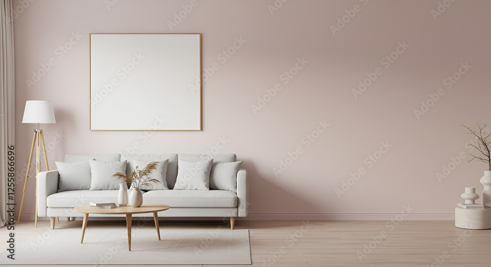 Scandinavian style interior with sofa and coffe table. Empty wall mock up in minimalist interior with pastel colors. 3D illustration. Scandinavian style interior with sofa and coffe table. Empty wall mock up in minimalist interior with pastel colors. 3D illustration.