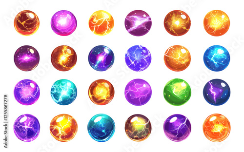 Mythical spheres cartoon vector set. Magical lighting fire flame glowing orbs, prophet wizard arcane mystical globes enchanted balls, isolated illustrations on white background