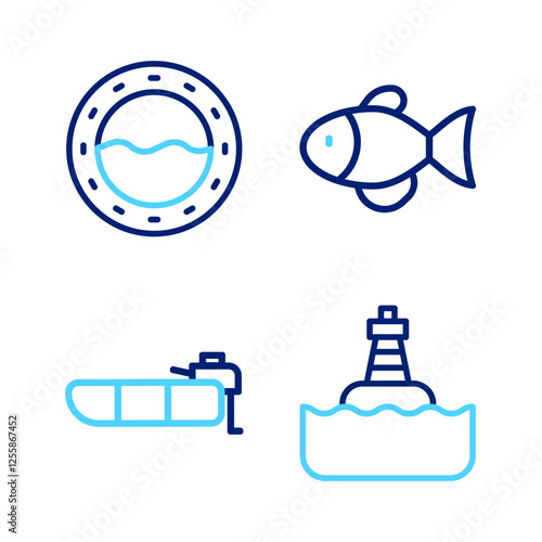 Set line Floating buoy, Inflatable boat with motor, Fish and Ship porthole icon. Vector