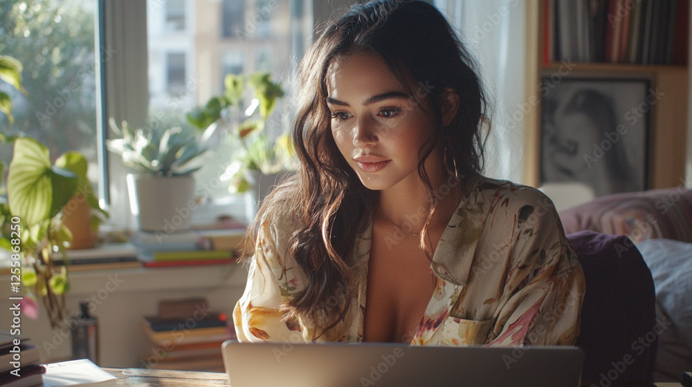 Young Woman Working on Laptop in Sunlit Indoor Space Young Woman Working on Laptop in Sunlit Indoor Space