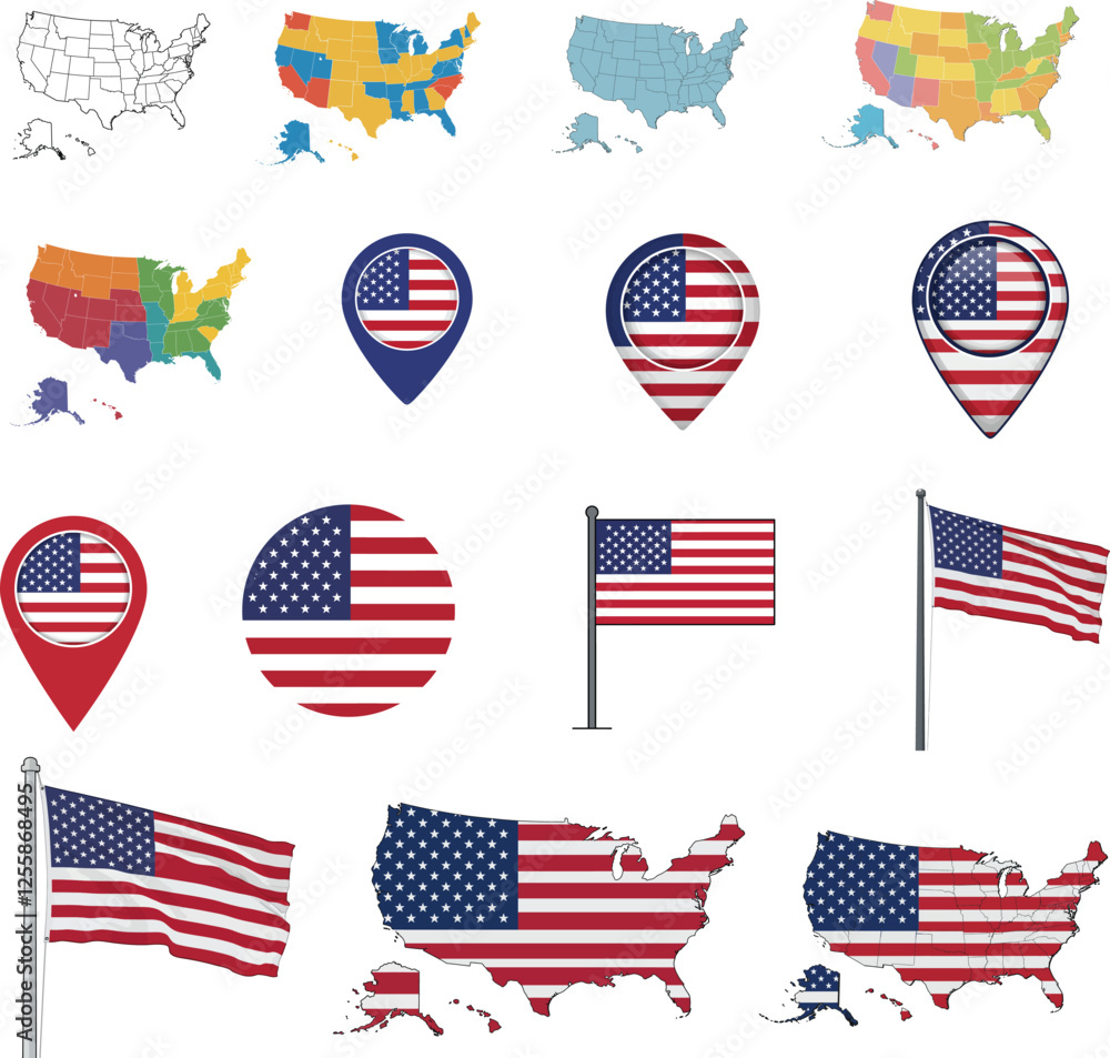 Usa map with map of usa, us map, united states map, map of us, map of united states, america map state vector illustration , American flag icons, the USA's national identity, patriotism, and freedom, 