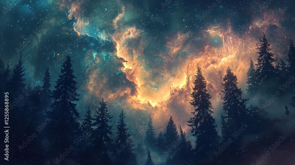 Fototapeta premium Cosmic Minimalist Surreal Scenery, Majestic Night Sky Over Forest Cosmic Phenomenon Celestial View Dreamy Atmosphere