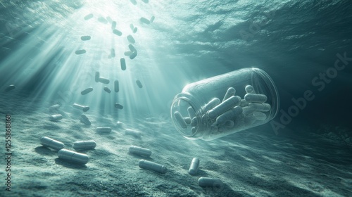 A transparent pill bottle resting on the ocean floor, with light refracting through the floating capsules above.