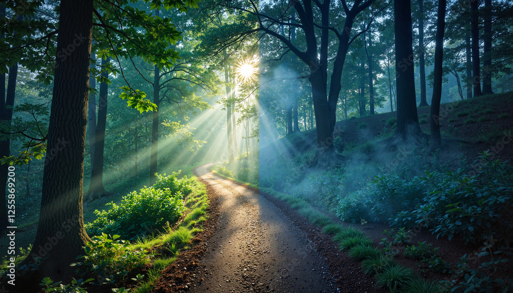 Obraz premium Mysterious forest path illuminated by sunlight, balance of nature