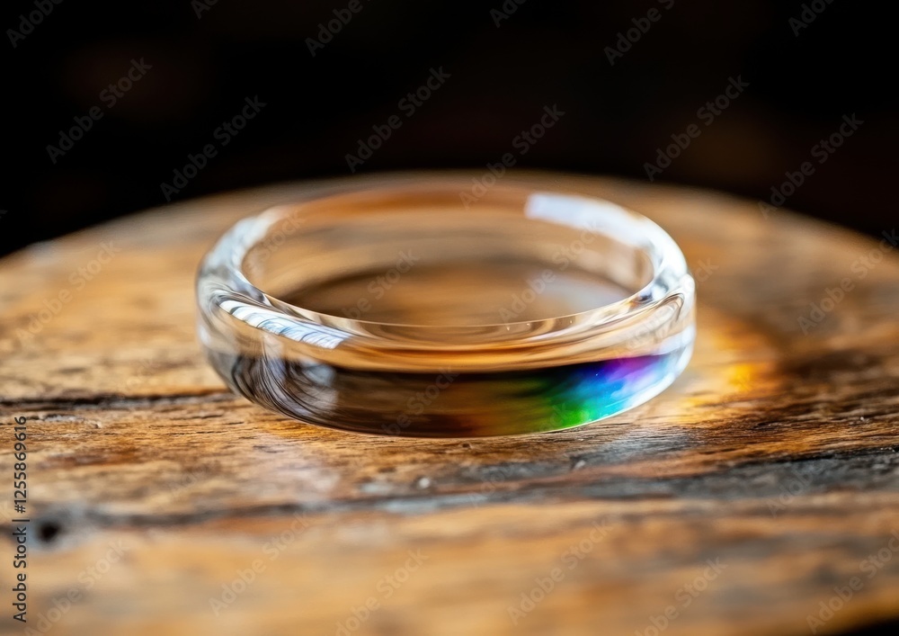 Elegant Transparent Ring with Colorful Reflections on Wooden Surface Elegant Transparent Ring with Colorful Reflections on Wooden Surface