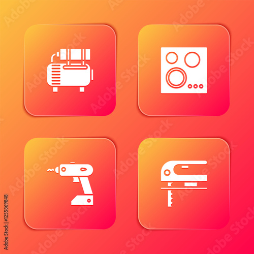 Set Air compressor, Gas stove, Electric cordless screwdriver and jigsaw icon. Vector