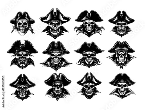 Pirate skull with hat engraving vector set. Dead head human bone jolly roger, cranium corsair privateer rogue avatar, outlaw maritime raider freebooter, isolated illustration on white backdrop