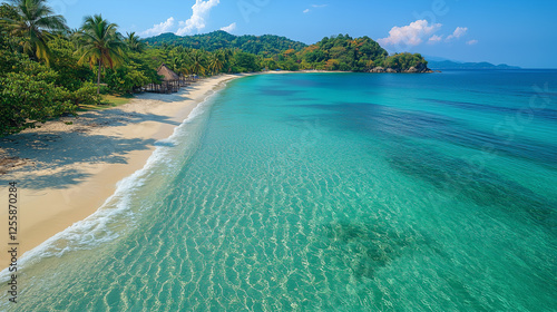 Crystal-clear turquoise ocean meets soft white sand on a tropical island. Lush greenery, palm trees, and beach bungalows create the perfect summer escape. photo