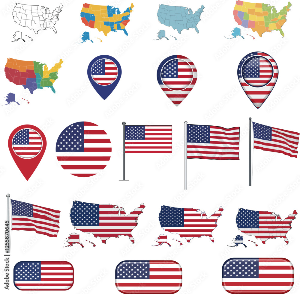 Usa map with map of usa, us map, united states map, map of us, map of united states, america map state vector illustration , American flag icons, the USA's national identity, patriotism, and freedom, Usa map with map of usa, us map, united states map, map of us, map of united states, america map state vector illustration , American flag icons, the USA's national identity, patriotism, and freedom,