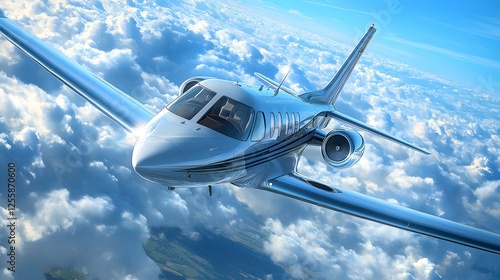 Private jet flying high in a clear blue sky with clouds and sunlight illuminating the aircraft photo