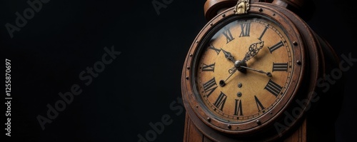 Old wooden clock with intricate details on black background, metal, antique, decoration