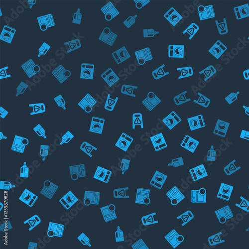 Set Kitchen dishwasher machine, Washer, Wet floor and cleaning progress and Fabric softener on seamless pattern. Vector