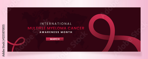 Burgundy ribbon awareness graphic for International Multiple Myeloma Cancer Awareness Month banner.