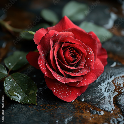 Red rose with water drops on dark background, ideal for romantic themes