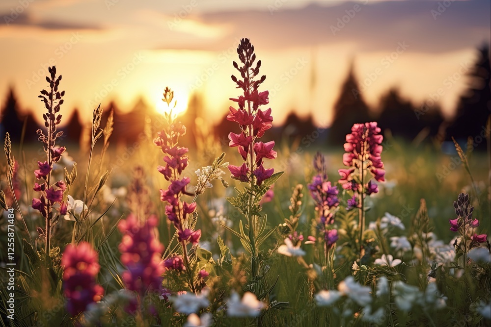 Obraz premium Beautiful Wildflowers on a Summer Evening Meadow - Natural and Rural Background with Green Grass Field
