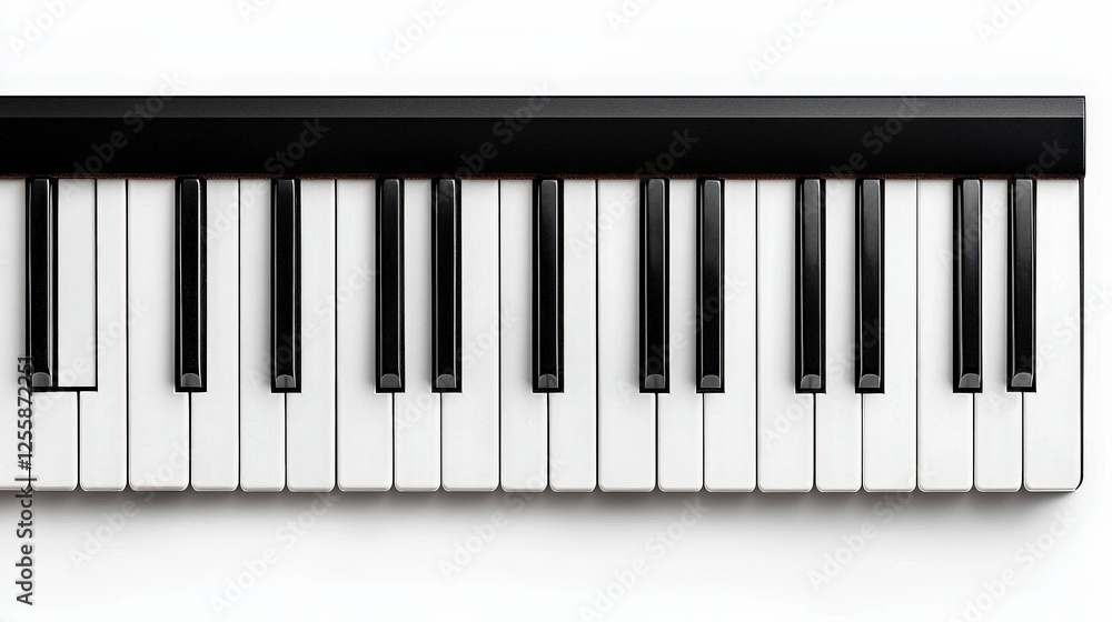 Top View of Piano Keyboard with Black and White Keys on a Clean White Background Top View of Piano Keyboard with Black and White Keys on a Clean White Background