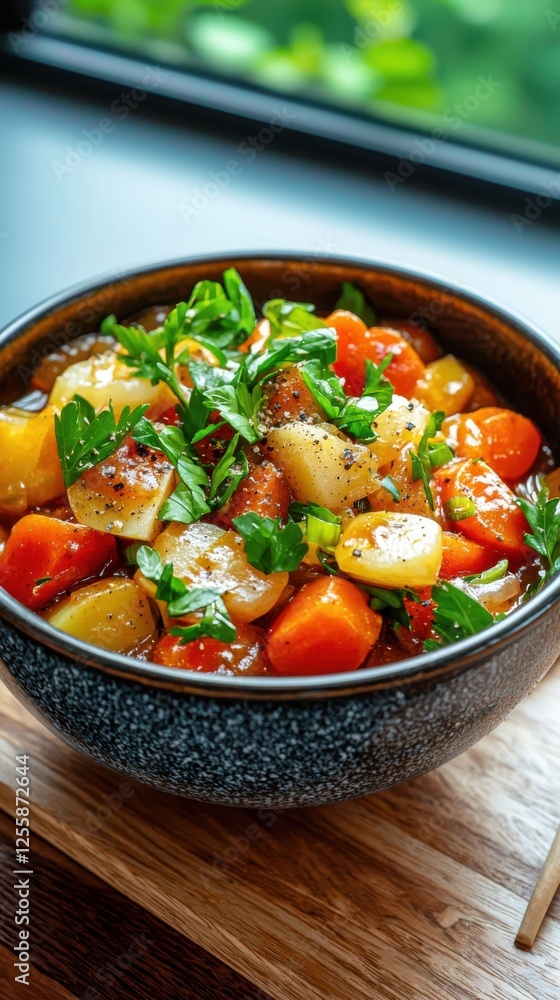 Delicious vegetable curry in a rustic bowl overhead soft lighting vibrant colors cozy kitchen setting Delicious vegetable curry in a rustic bowl overhead soft lighting vibrant colors cozy kitchen setting