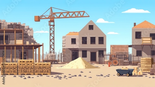 Construction site, houses under construction, sunny day, flat design photo