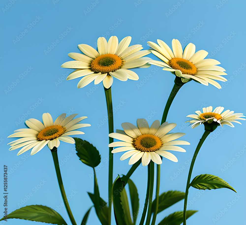 Outdoor photo of beautiful summer spring meadow with blooming field daisies and fluttering butterflies in the rays of the sun against a blue sky with clouds. floral natural.generative ai Outdoor photo of beautiful summer spring meadow with blooming field daisies and fluttering butterflies in the rays of the sun against a blue sky with clouds. floral natural.generative ai