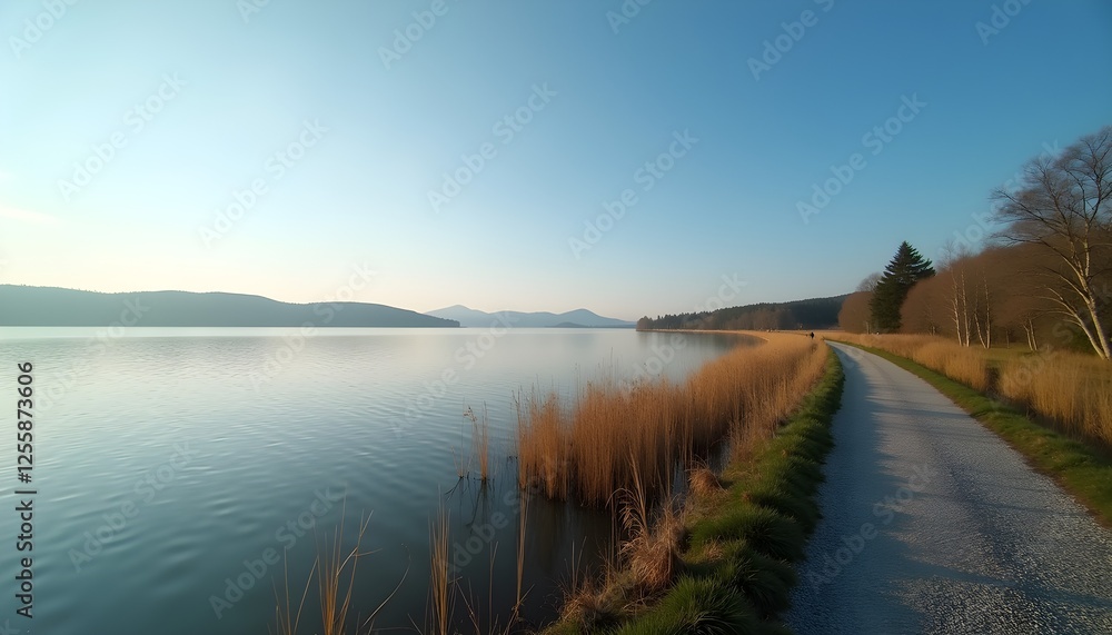 Fototapeta premium Peaceful lakeside path with golden grass and calm water