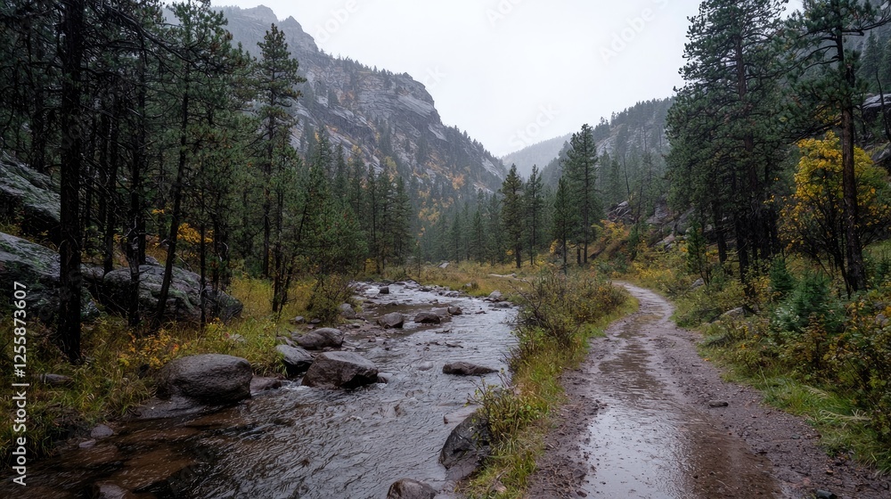 Rainy mountain creekside trail, autumn foliage, scenic background, travel photography Rainy mountain creekside trail, autumn foliage, scenic background, travel photography