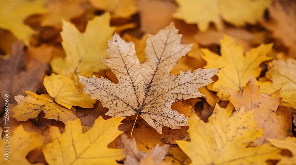 A Single Dried Maple Leaf Among Many Golden Autumn Leaves A Single Dried Maple Leaf Among Many Golden Autumn Leaves
