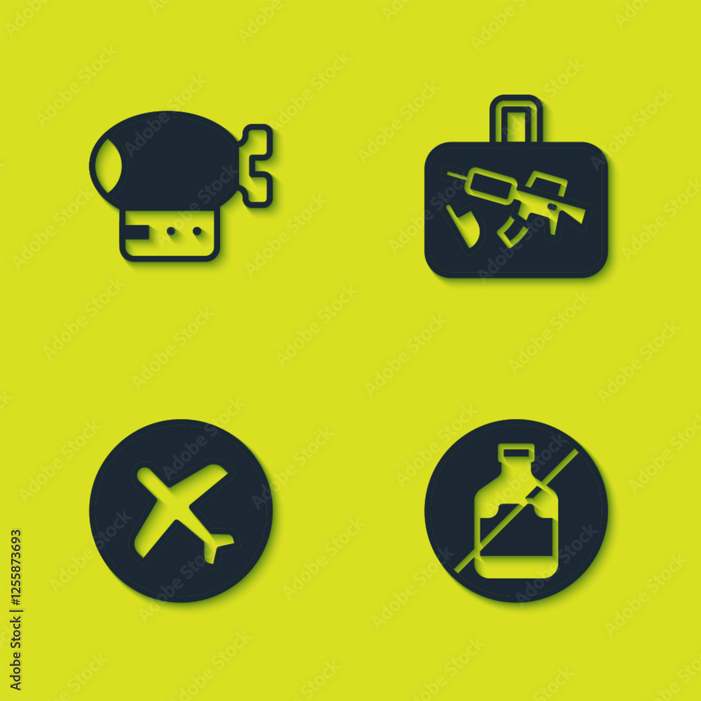 Set Airship, No alcohol, Plane and Suitcase icon. Vector Set Airship, No alcohol, Plane and Suitcase icon. Vector
