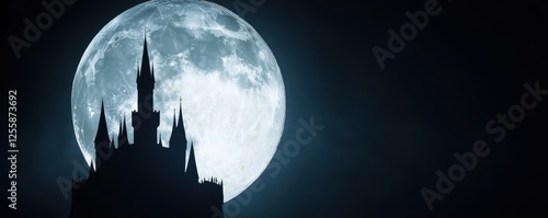 A shadowy castle silhouette against a full moon, creating a gothic and medieval-inspired dark aesthetic