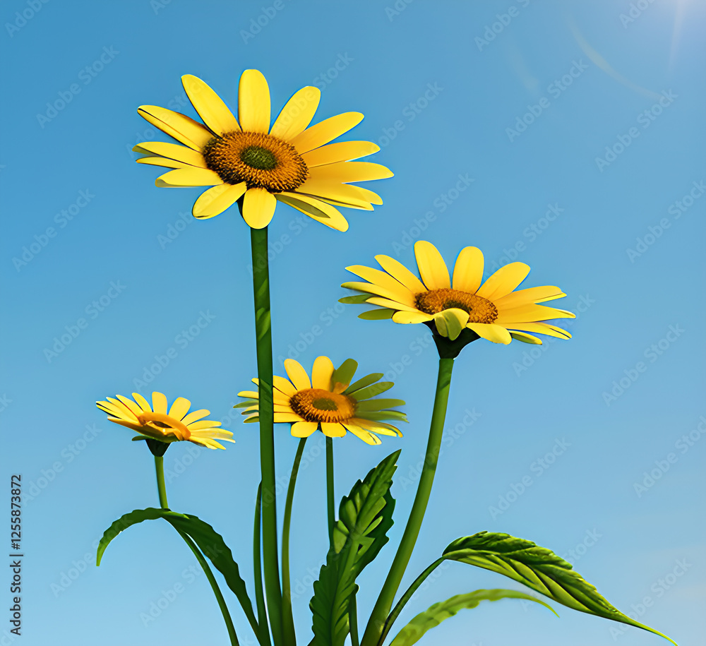 Outdoor photo of beautiful summer spring meadow with blooming field daisies and fluttering butterflies in the rays of the sun against a blue sky with clouds. floral natural.generative ai Outdoor photo of beautiful summer spring meadow with blooming field daisies and fluttering butterflies in the rays of the sun against a blue sky with clouds. floral natural.generative ai