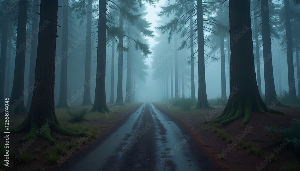 Obraz premium Foggy forest with long dirt path