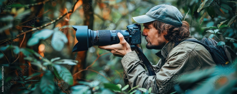 A photographer capturing nature's beauty in a lush forest. A photographer capturing nature's beauty in a lush forest.