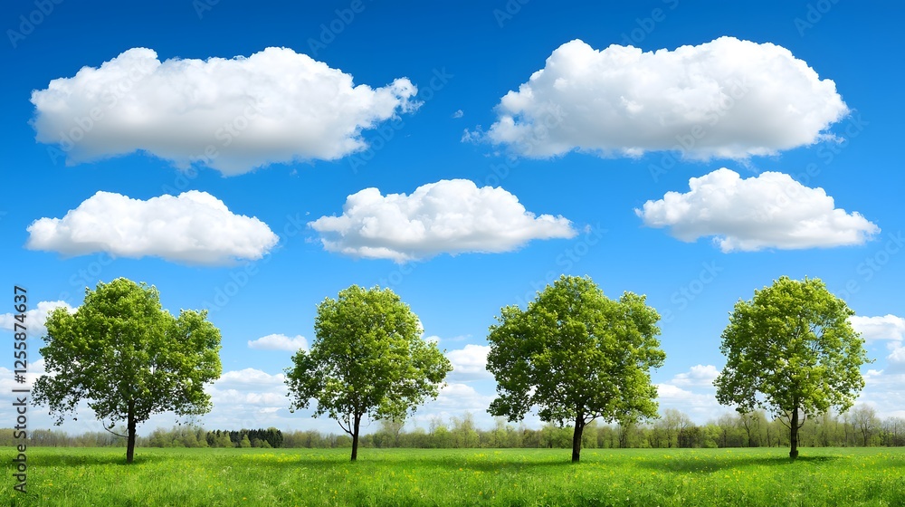 Lush Green Trees Against Bright Blue Sky with Fluffy White Clouds Lush Green Trees Against Bright Blue Sky with Fluffy White Clouds