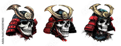 Samurai skull helmet color ink sketch vector set . Human dead bone cranium japan asian armour head plate remains, traditional ancient fighter warrior knight combatant hand drawn avatars