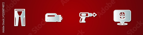 Set Wetsuit for scuba diving, Flashlight diver, Fishing harpoon and Scallop sea shell icon. Vector