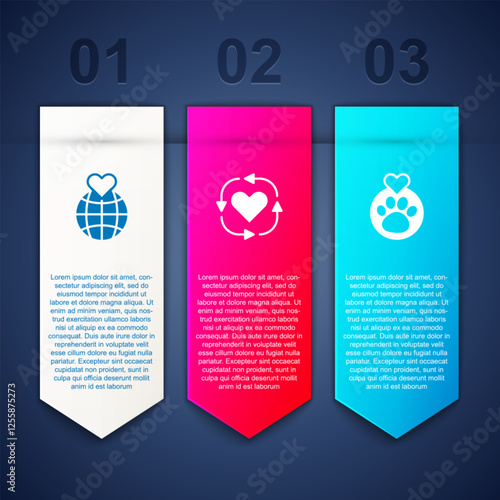 Set Hand holding Earth globe, Volunteer and Heart with animals footprint. Business infographic template. Vector