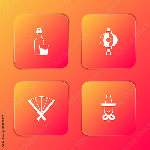 Set Soju bottle, Korean lantern, Traditional fan and hat icon. Vector