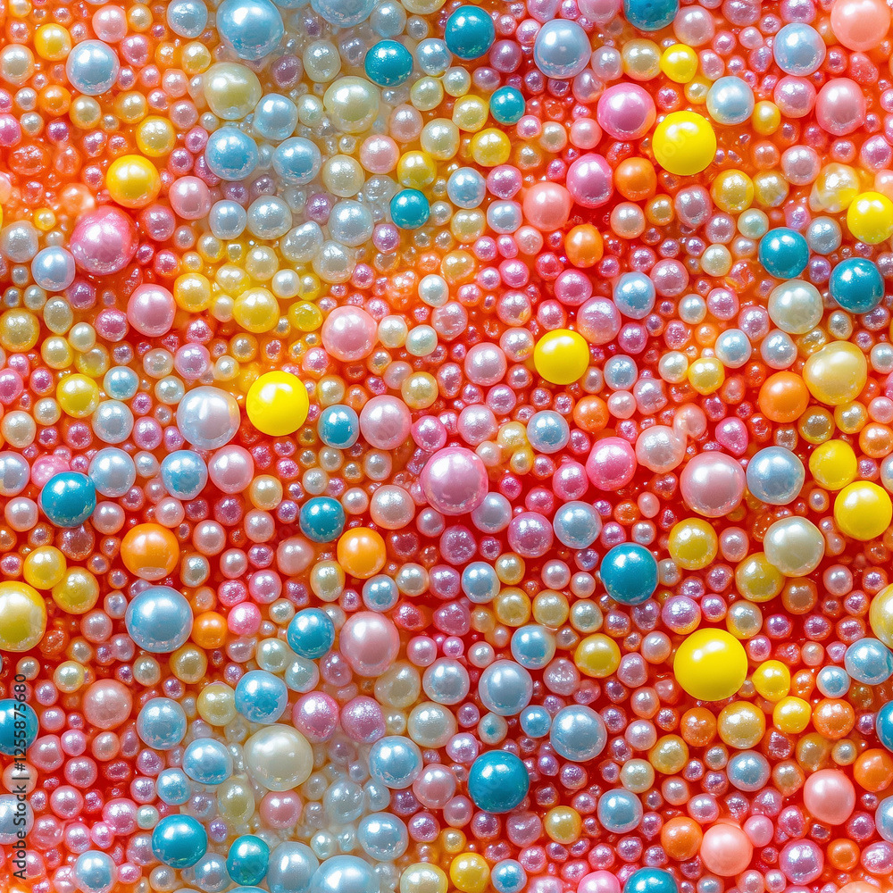 A vibrant close-up pile of iridescent colorful, spherical sprinkles. The sprinkles are a mix of pastel shades including pink, blue, yellow, orange, and white. Cheerful, textured seamless pattern. A vibrant close-up pile of iridescent colorful, spherical sprinkles. The sprinkles are a mix of pastel shades including pink, blue, yellow, orange, and white. Cheerful, textured seamless pattern.