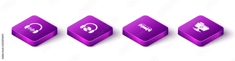 Set Isometric Headphone and sound waves, Headphones CD or DVD, Cars and FTP sync refresh icon. Vector Set Isometric Headphone and sound waves, Headphones CD or DVD, Cars and FTP sync refresh icon. Vector