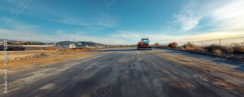 Tarmac Driveways. road roller compacts newly paved road under clear blue sky
