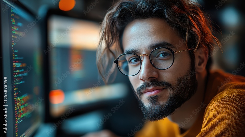 Young man with glasses working on computer programming at a desk in a modern office during the evening hours Young man with glasses working on computer programming at a desk in a modern office during the evening hours