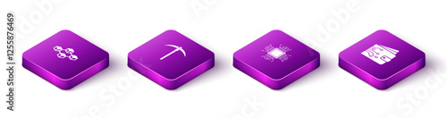 Set Isometric Blockchain technology, Pickaxe, Processor and Cryptocurrency wallet icon. Vector